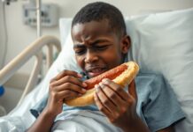 Hungry gardener cuts off his manhood with a knife then eats it with bread as sandwich