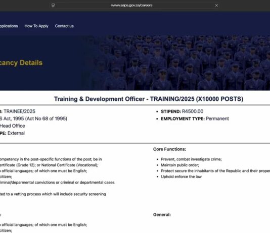 Do you want to become a Police Officer? Apply online today to join SAPS: Salary during training is R4,500 per month