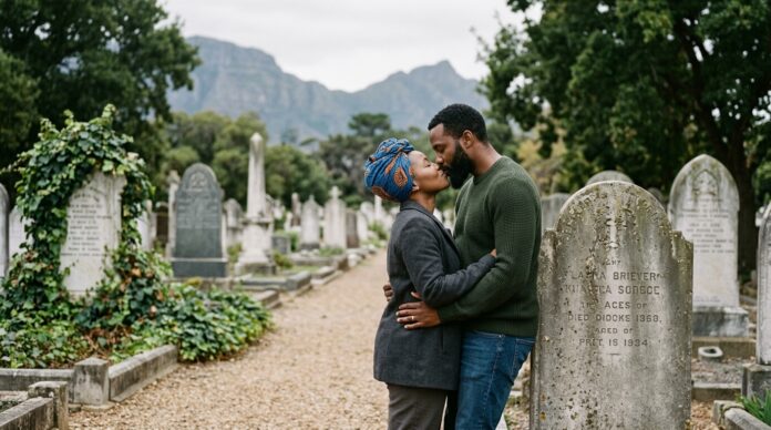 couple kissing at cemetery